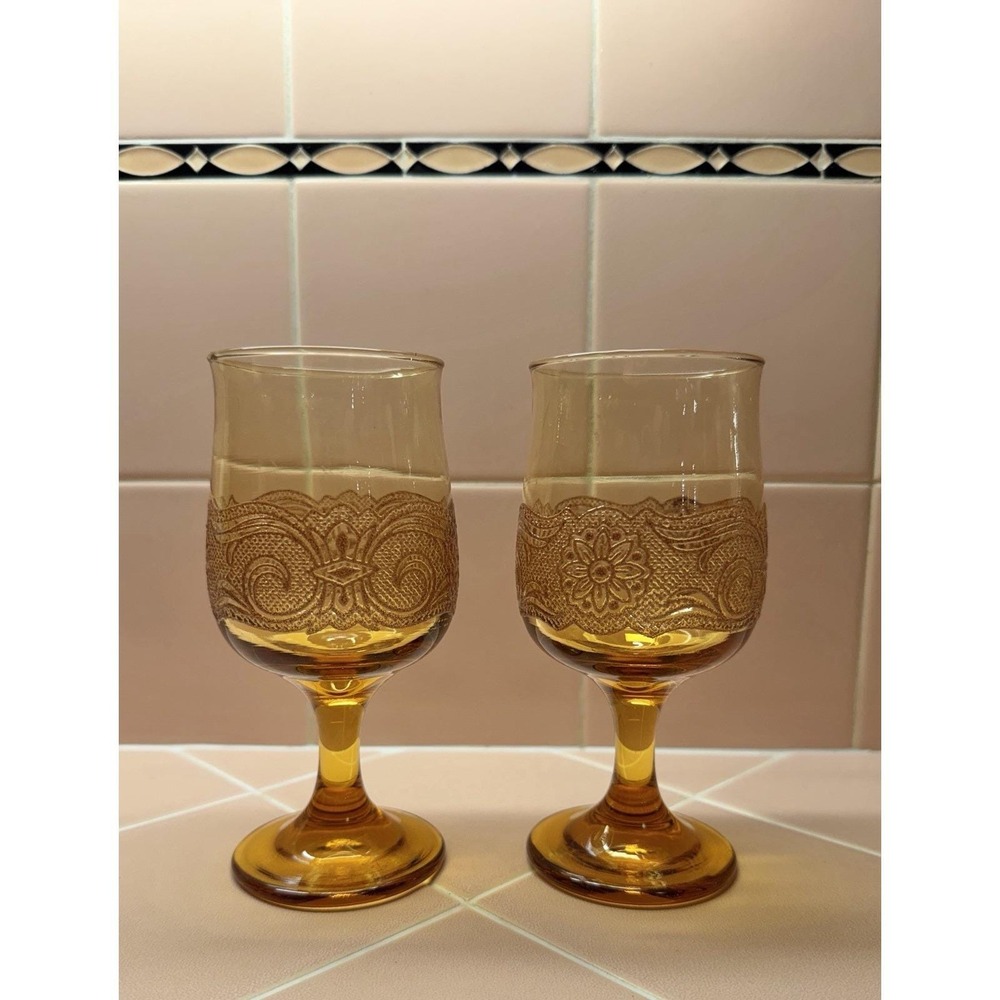 Vintage 2 Libbey Americana Amber Embossed Wine or Water Goblets